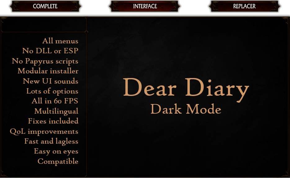 Dear Diary Dark Mode - SkyUI Menus Replacer SE / Заменитель интерфейса в темном фэнтези (SE-АЕ)