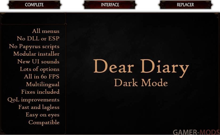 Dear Diary Dark Mode - SkyUI Menus Replacer LE / Заменитель интерфейса в темном фэнтези (LE)
