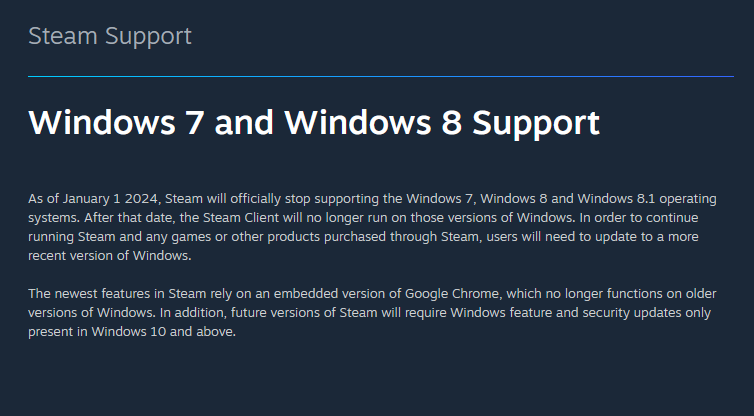 Steam прекращает поддержку Windows 7 и Windows 8